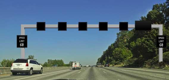 Graphic of normal ATDM sign operation. Overhead signs are blank and side signs show speed limit.
